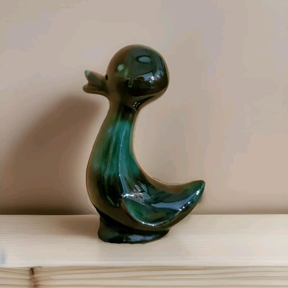 Vtg Blue Mountain Pottery Duck Statue Figurine Green Brown Drip Glaze Terracotta